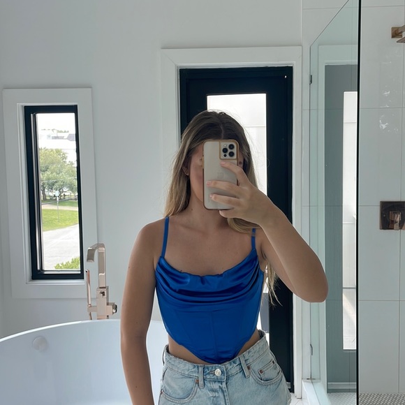 UO Lexi Satin Cowl Corset Top in Blue - Picture 2 of 5